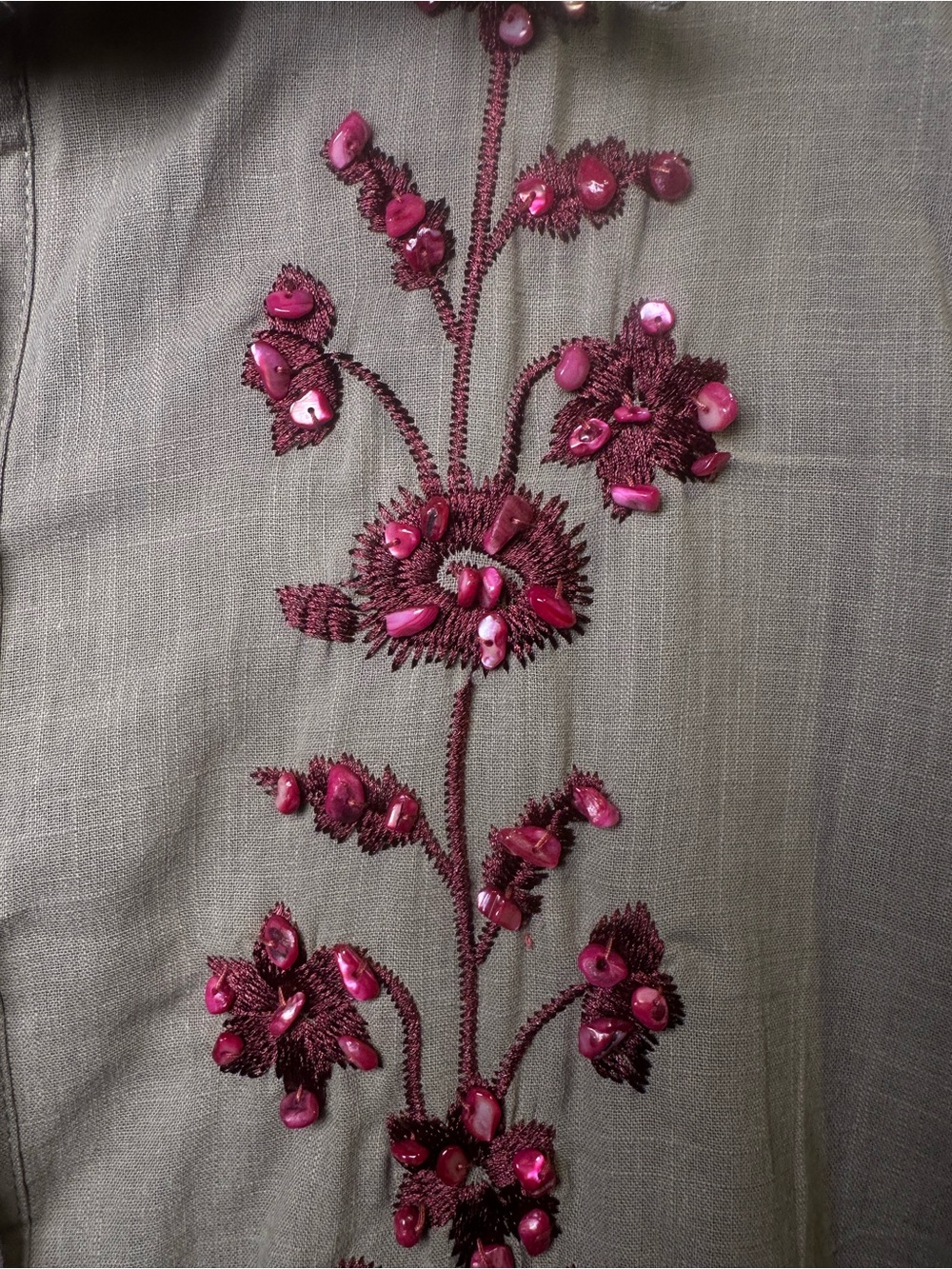 Galita Embroidered Olive Green Button-Up Shirt with Red Floral Accents NWT - Picture 7 of 12